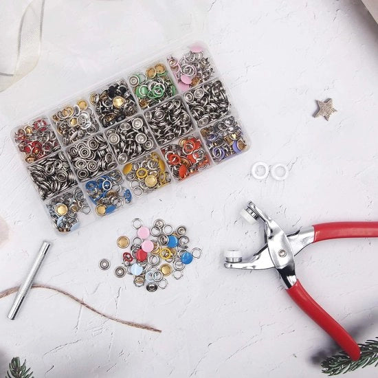 804 pezzi di chiusura metallica stabile e completa di attrezzi di regolazione per cucito e ricamo per jeans e borse (200 set, 10 colori, 9,5 mm)
