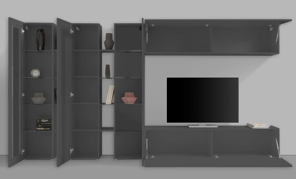 Parete attrezzata soggiorno mobile TV armadio 2 vetrine antracite Note Mir