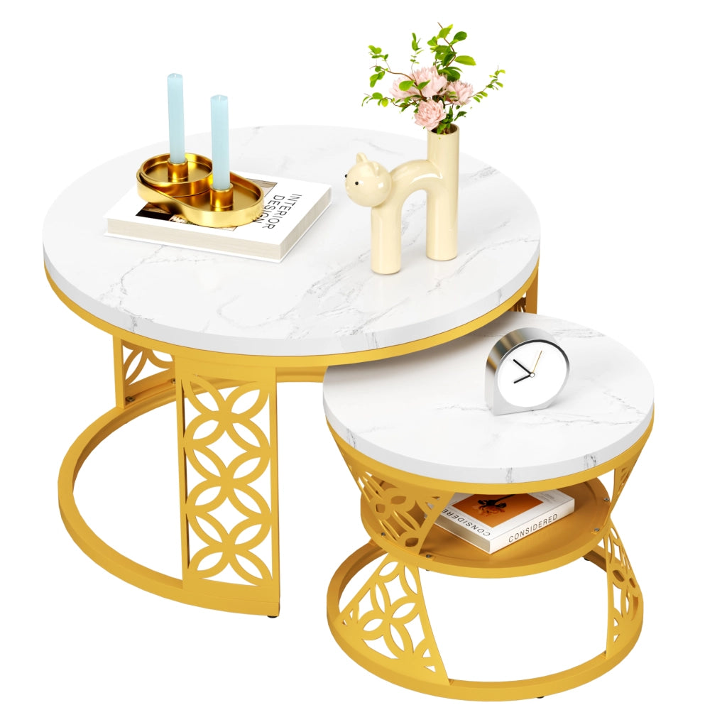 Set di tavolini da salotto 2 pezzi effetto marmo bianco e oro con struttura in metallo