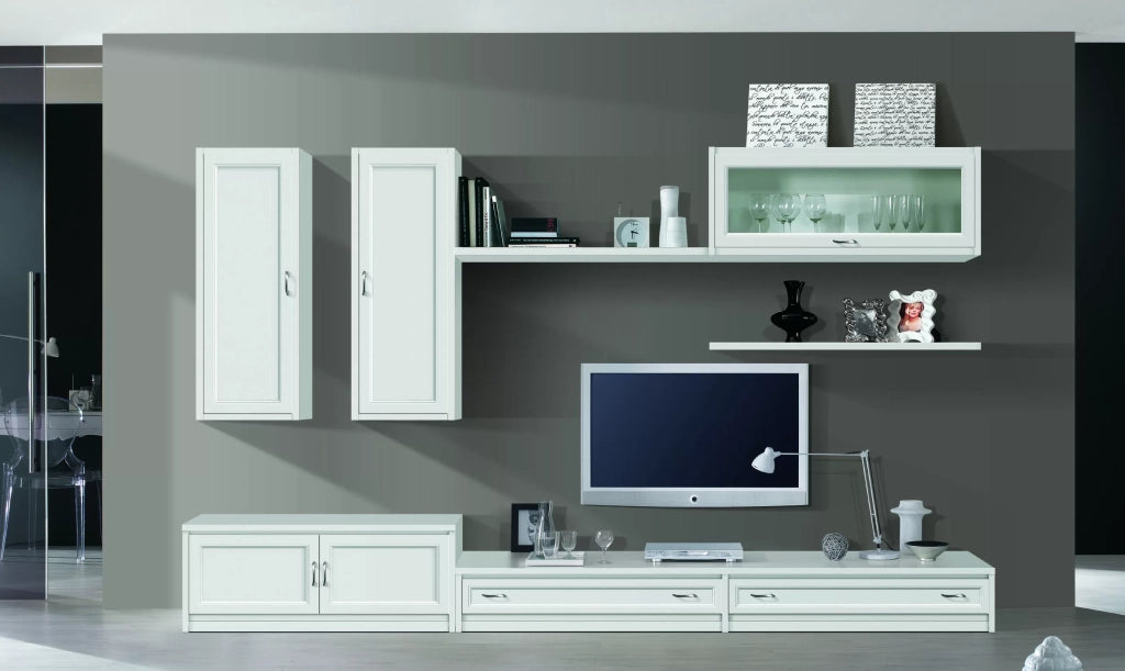 Parete attrezzata porta tv in legno bianco l.315 p.36/60 h.220