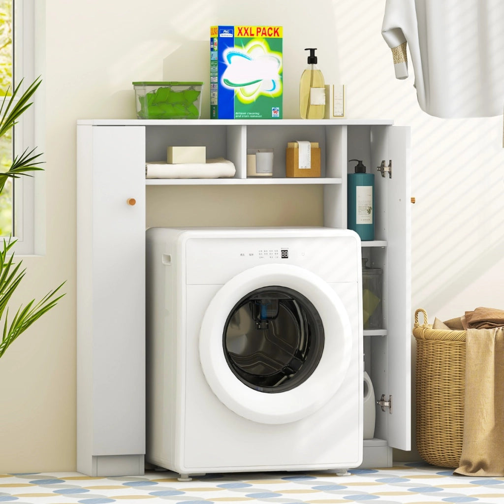 Scaffale sopra WC con doppia anta 2 scomparti aperti e 4 ripiani regolabili-Mobile a ponte per bagno Bianco