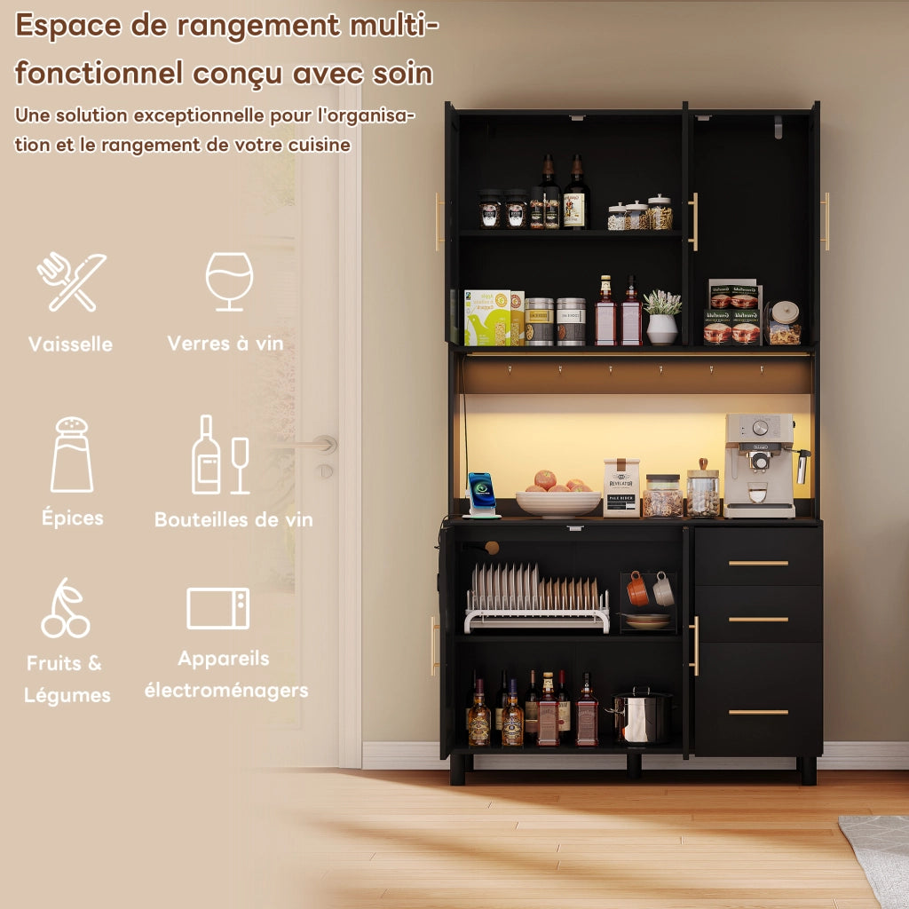 OKWISH Credenza da Cucina con 3 Cassetti, 3 Ante, 2 Ripiani Regolabili, LED, Prese e USB, per Cucina, MDF, Nero