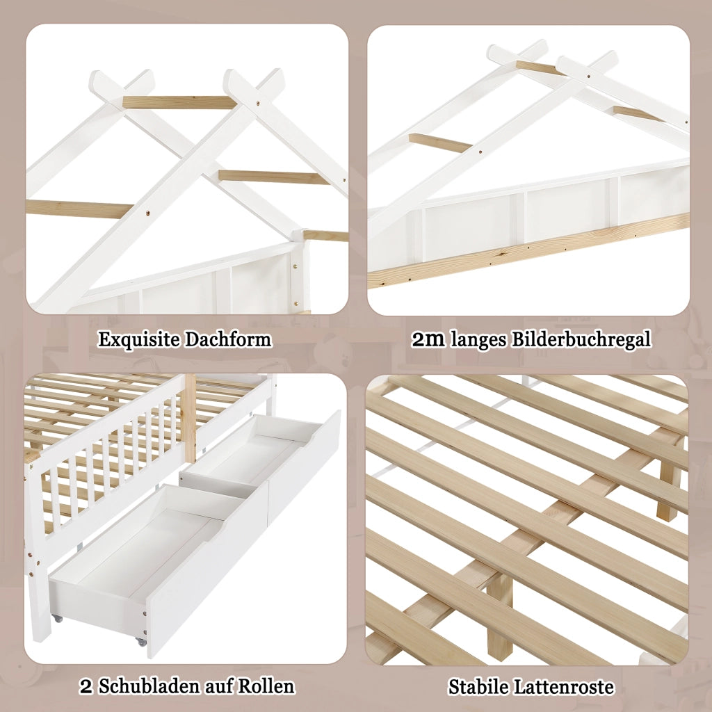 letto per bambini in legno massello e mdf bianco e naturale 140x200 cm