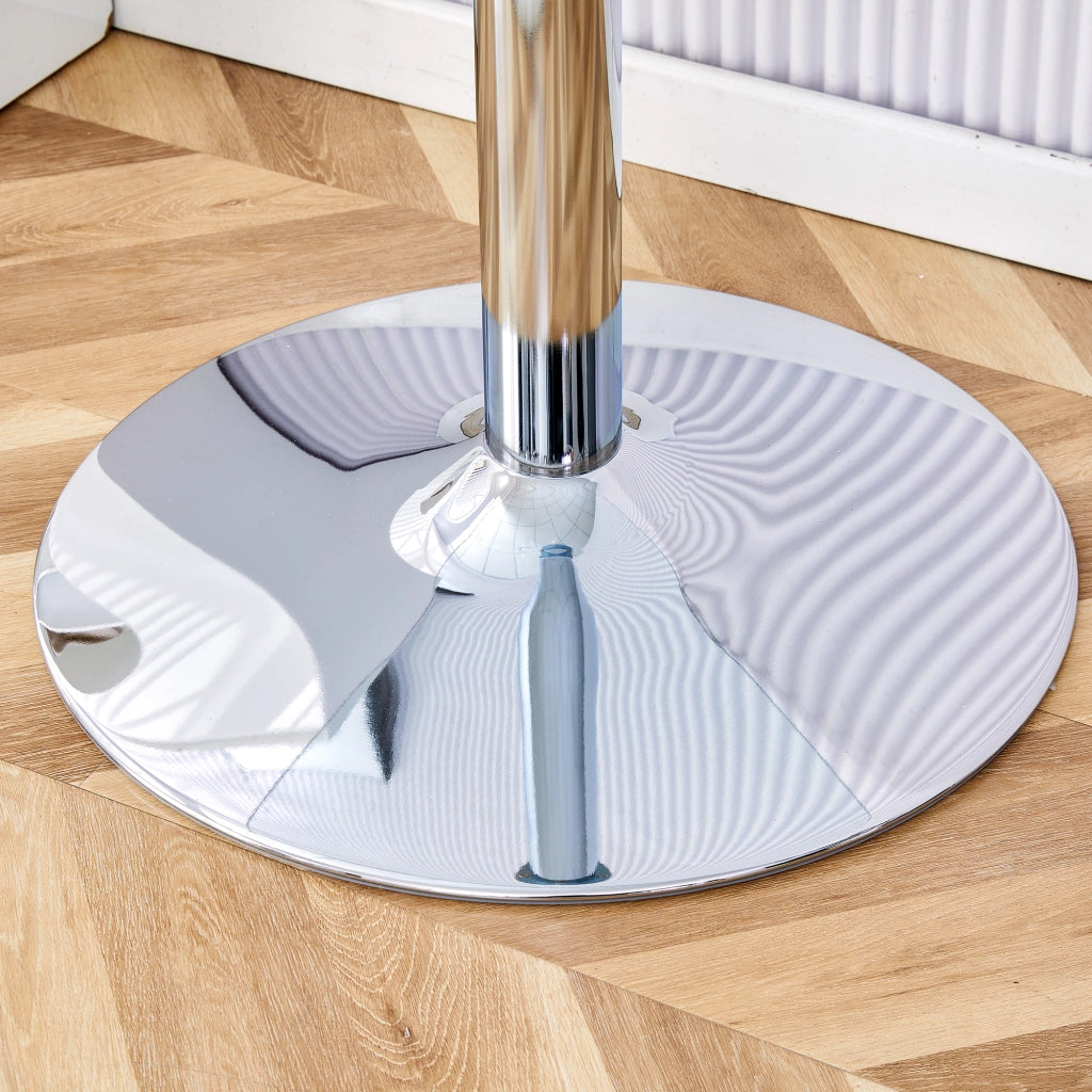 Tavolo da pranzo rotondo in vetro con base in metallo per bar e cucina; diametro 85 cm; argento
