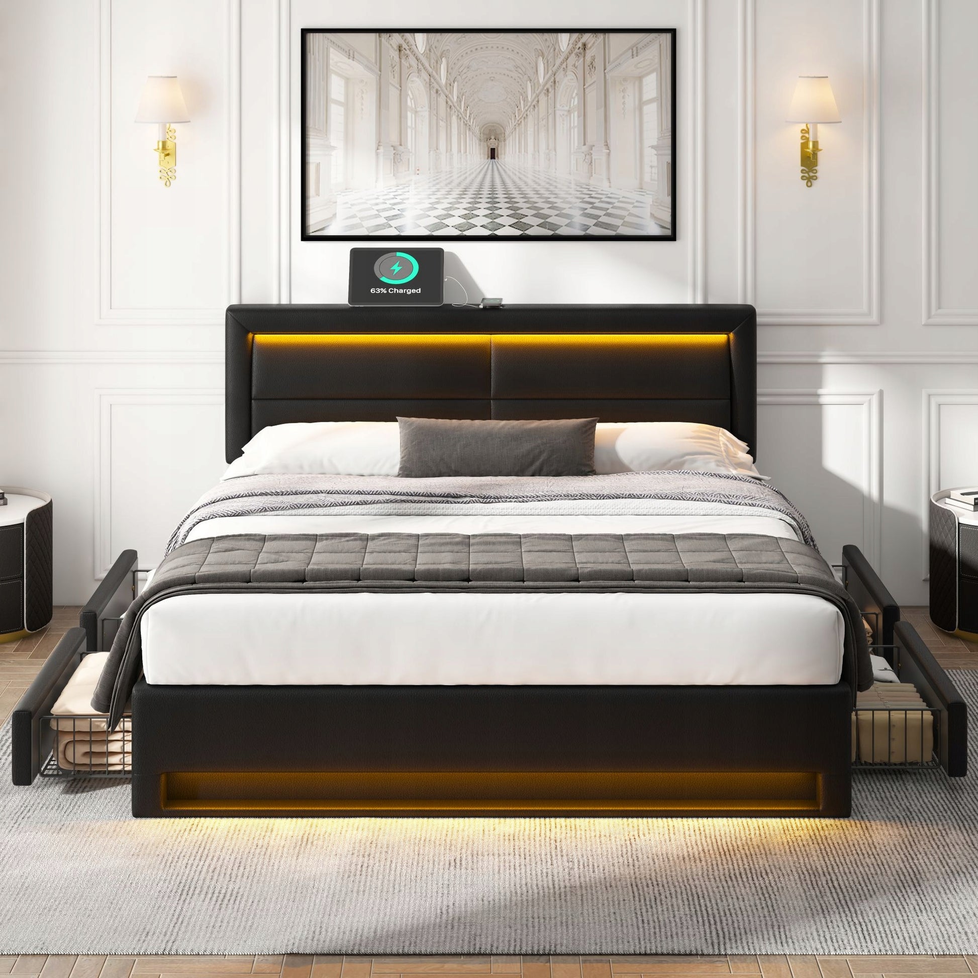 Letto 140x200cm - Xylo - USB, LED, 4 Cassetti, Pelle Nera