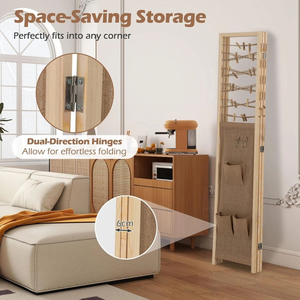 Paravento pieghevole a 3 pannelli. Separatore di privacy in legno con 8 tasche, 4 ganci e spago per appendere con 20 clip in bambù, 120 x 170 x 2 cm