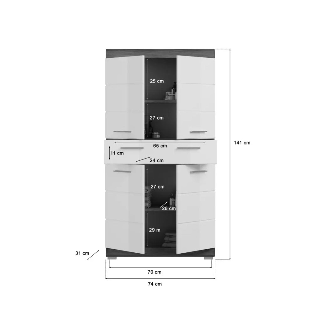 Mobile contenitore SCOTT – 4 porte e 1 cassetto – Grigio scuro e bianco – 74x141x31 cm
