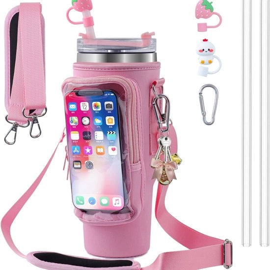 Supporto per bottiglia acqua per Stanley Cup, supporto bottiglia acqua con cinturino compatibile 40 oz, Accessori, borsa per bottiglia acqua con regolazione per campeggio e passeggiate (rosa)