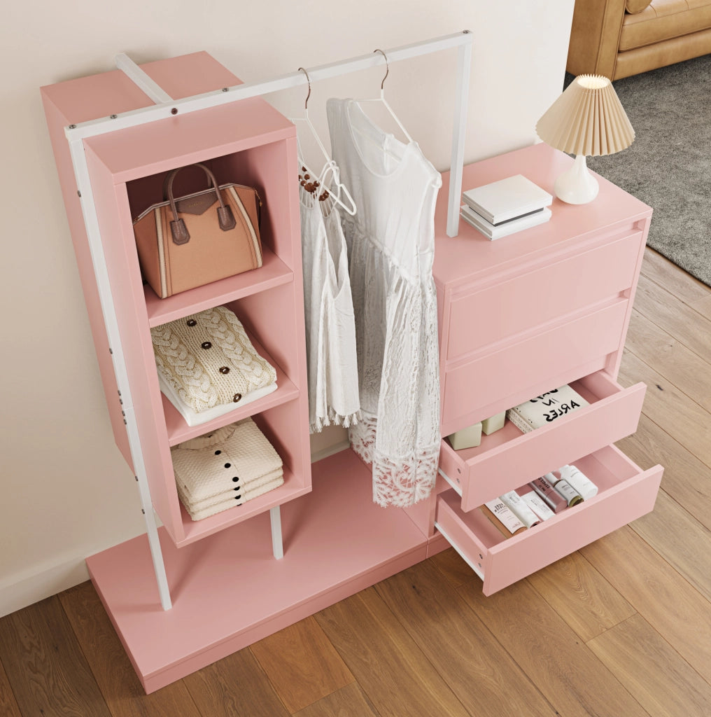 Mobile guardaroba 100x40x135 cm con quattro cassetti e barra appendiabiti in truciolare e metallo rosa e bianco