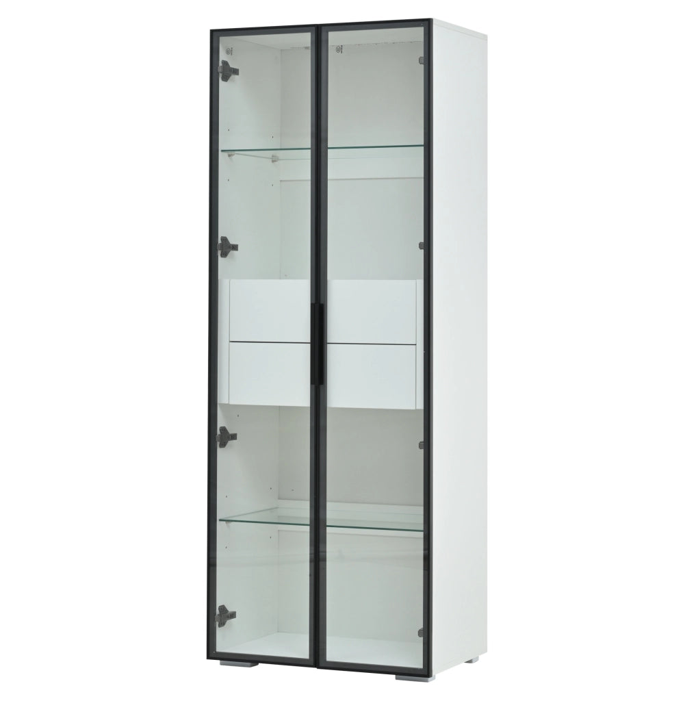 Vetrina da soggiorno 60x40x160 cm in MDF e vetro temperato; bianco; con LED e 2 cassetti
