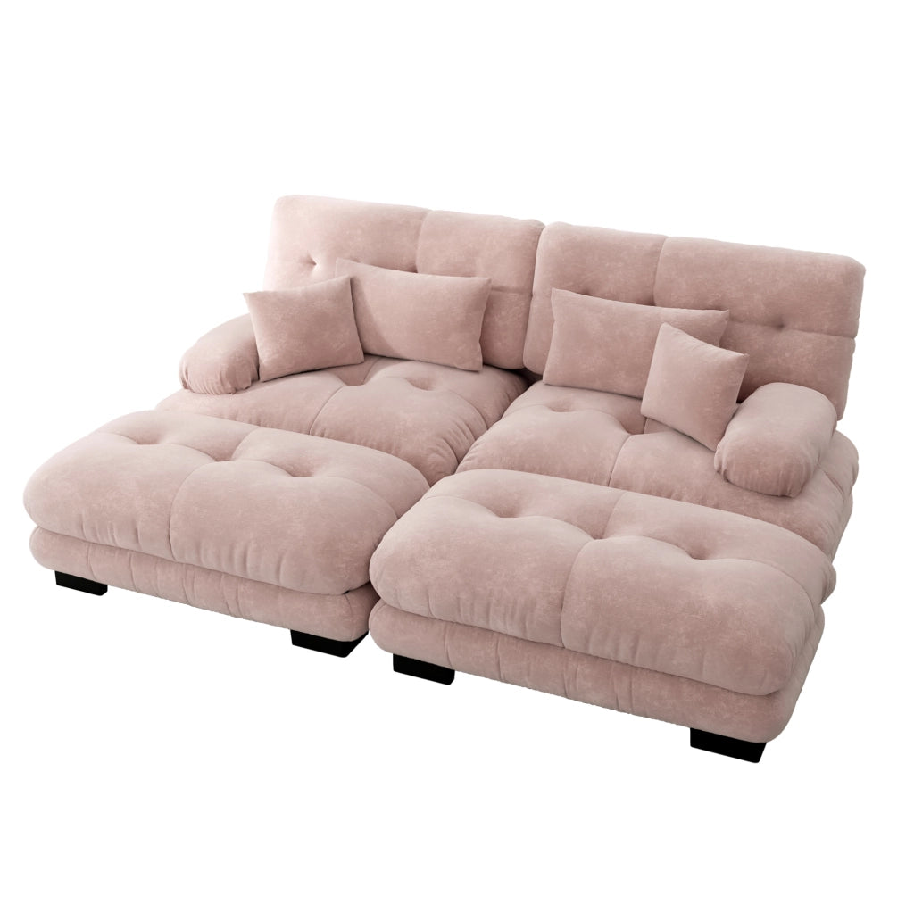 Divano modulare in chenille rosa con ottomans e cuscini