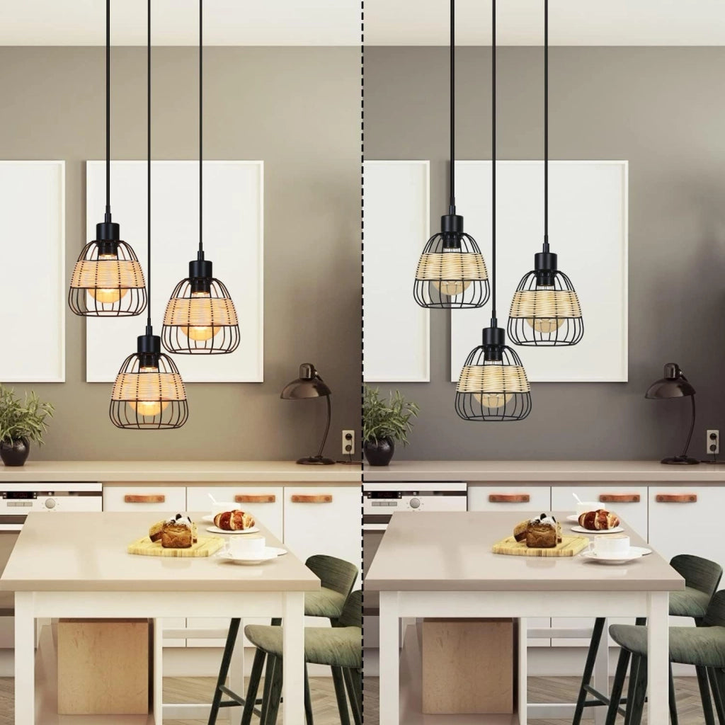 Lampada a Sospensione ZMH 3 luci rotonda nera E27 rattan vintage rustico retr¨° per soggiorno sala da pranzo e cucina