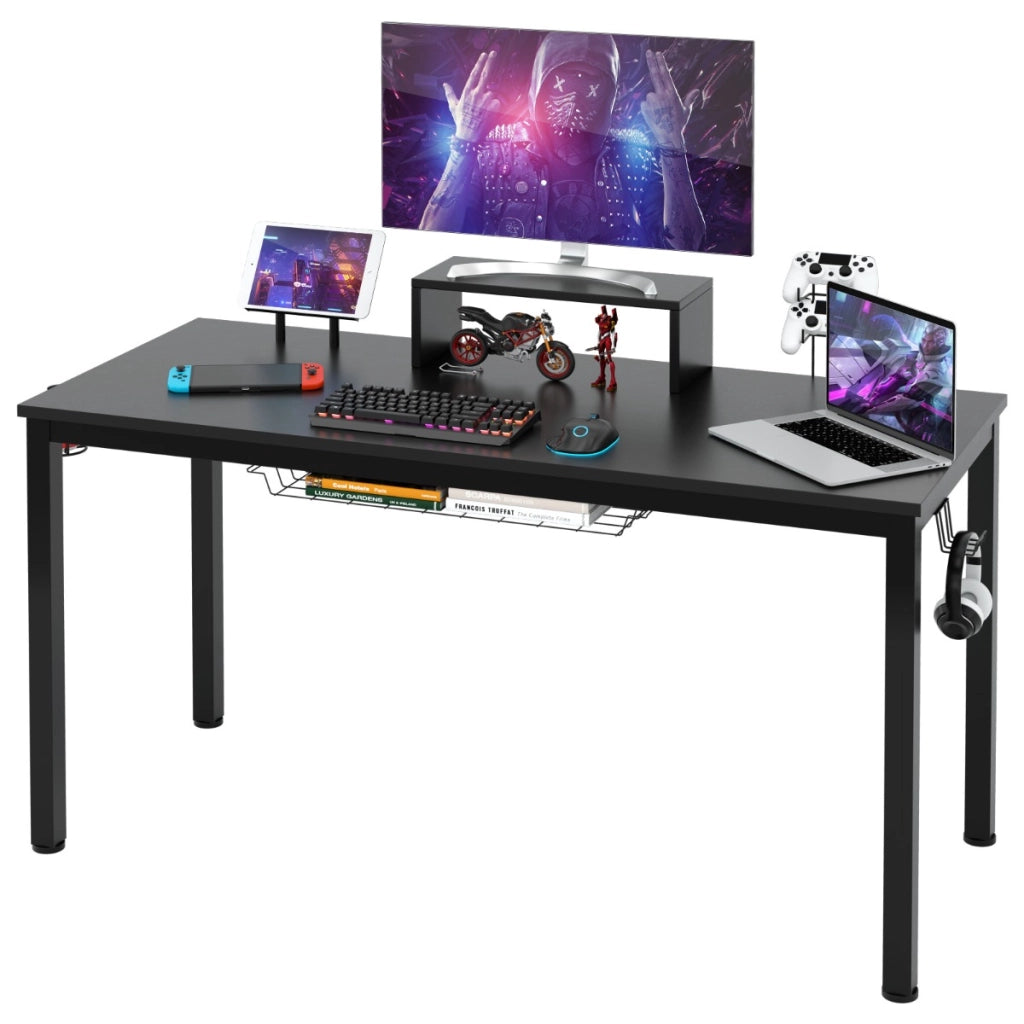 Scrivania da gioco con mensola per monitor portabicchieri gancio per cuffie cestino portaoggetti, Tavolo largo-Scrivanie