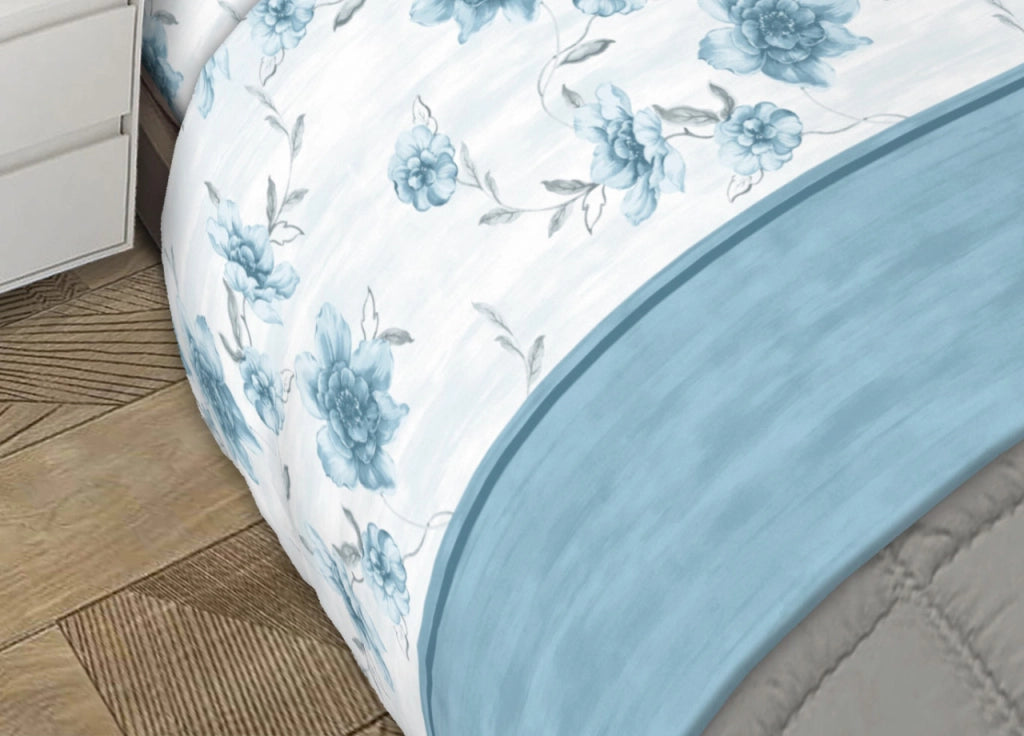Completo Lenzuola 100% Cotone Made Italy Fantasia Floreale Gaia C.N - Matrimoniale - Azzurro