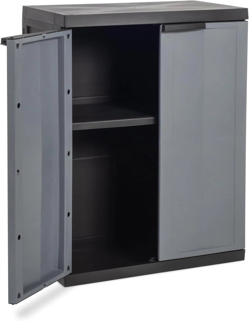 Armadio basso 2 ante con ripiano regolabile in resina colore nero e grigio 65x37x85 cm Toomax