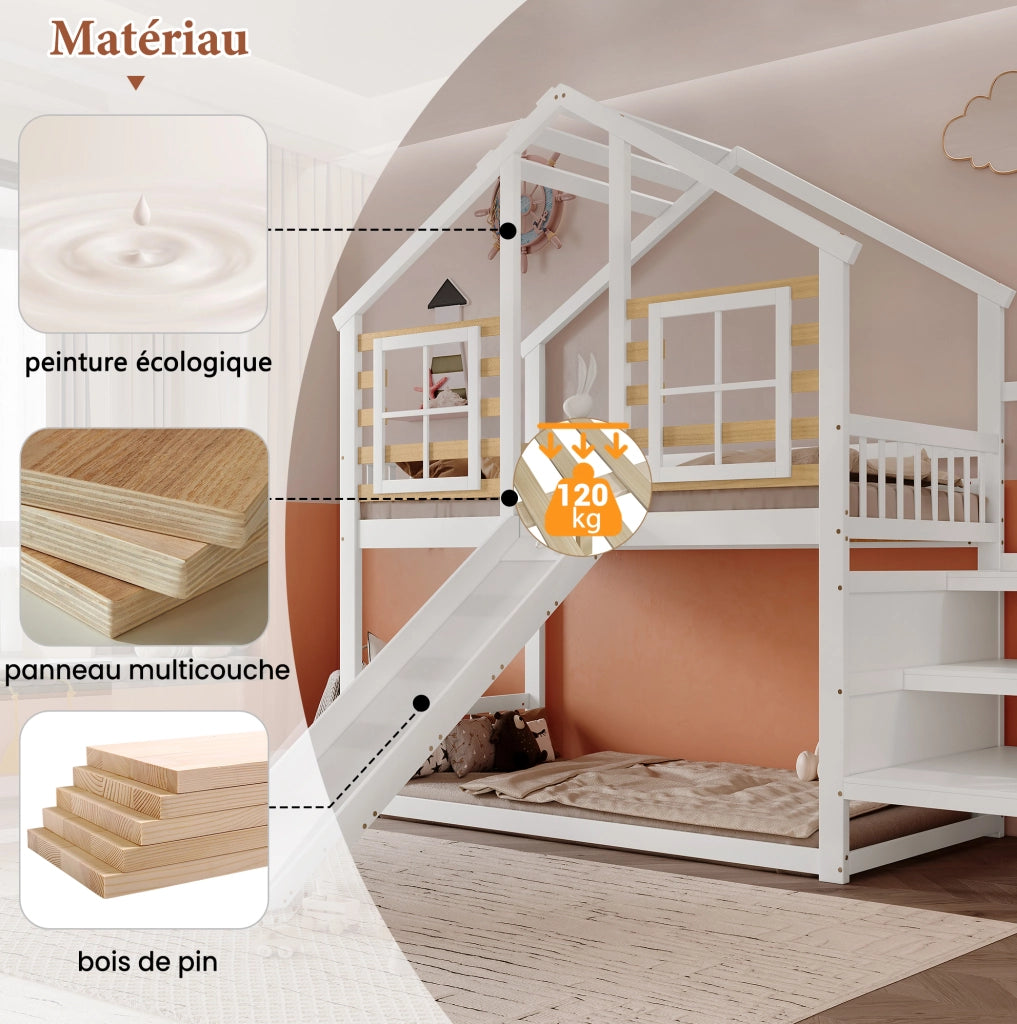 Letto a castello per bambini 90x200 cm con scivolo, bianco