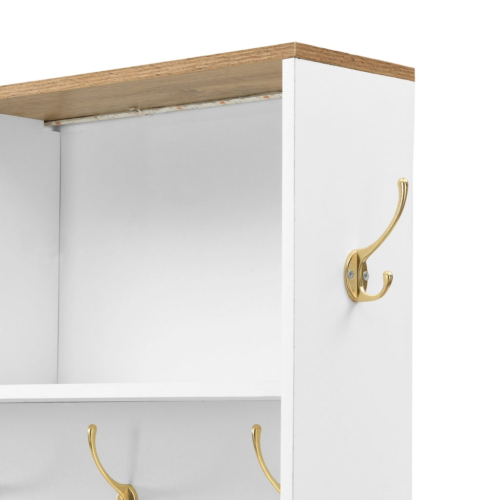 Mobile da ingresso 120x40x187 cm con LED, specchio, ganci e cassetti in MDF bianco e color legno