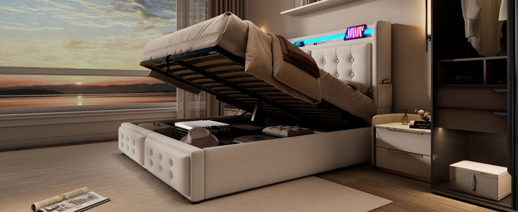 DESMIU Letto Contenitore 160 × 200 cm 2 posti LED, USB e Type-C, con materasso, in cotone lino, beige