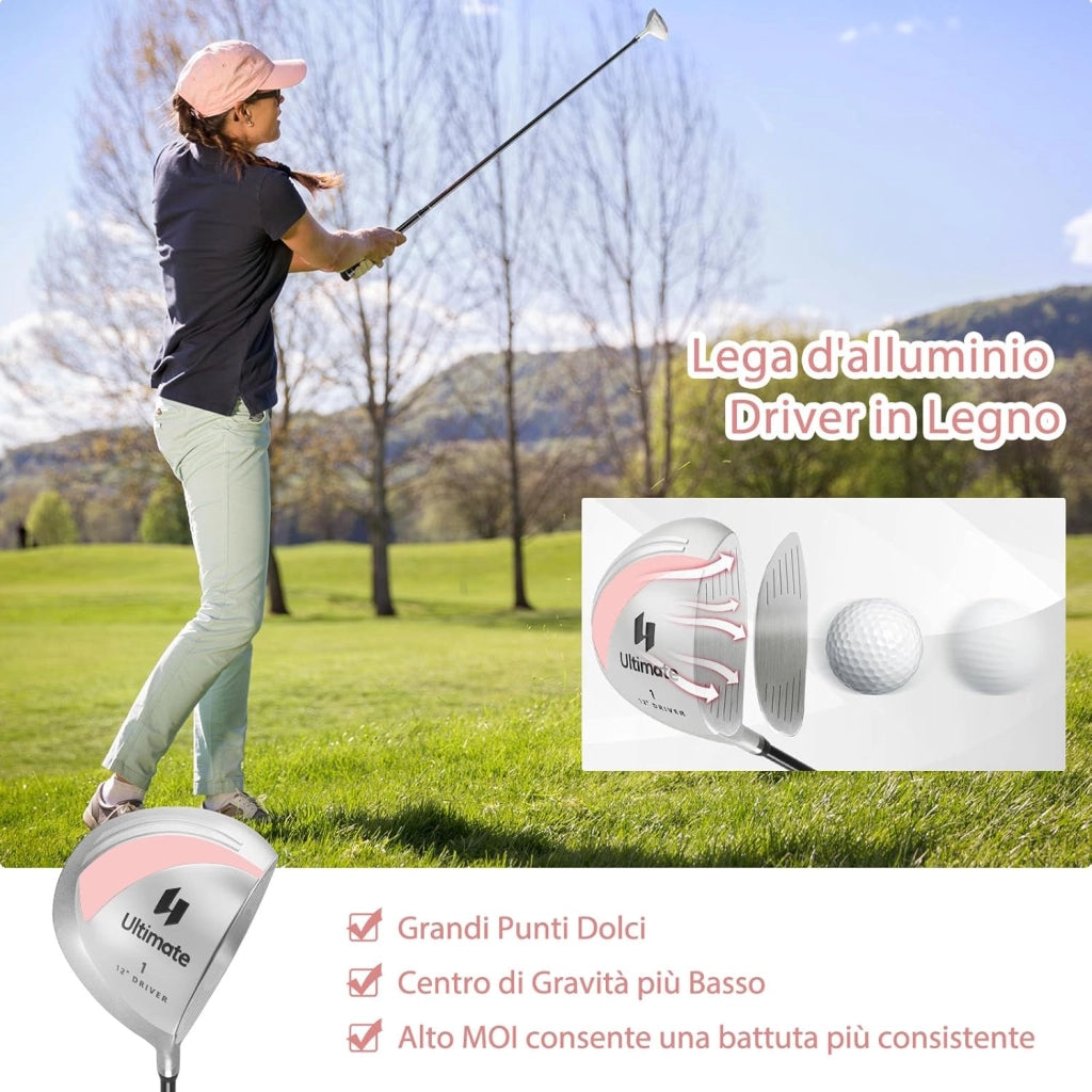 Set Completo di Mazze da Golf da Donna, 9 Pezzi, Include Driver in Lega, Legno Fairway 3, Ibrido 4, Ferri 6, 7, 8, 9 e P, Putter e Copri Testa per Golfiste Destre