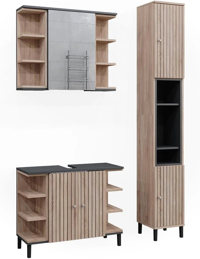 Set di mobili da bagno Aquis, Sonoma, 79.6 cm, composto da mobile sottolavabo, specchiera e colonna alta
