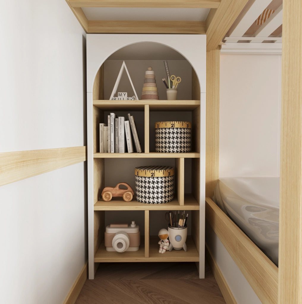 Letto a castello per bambini a casetta 90x200 cm con scala contenitore; bianco grigio legno naturale