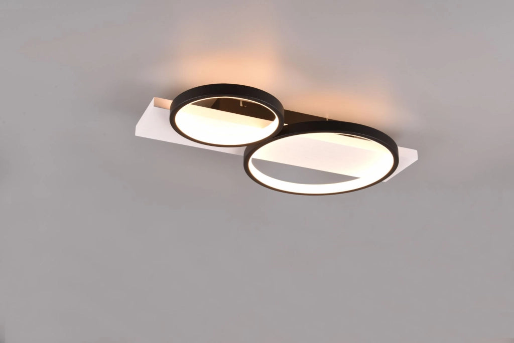 MEDERA PLAFONIERA 2 CERCHI METALLO NERO BASE LEGNO BIANCO CON DIMMERAZIONE AD INTERRUTTORE L. 54CM LED 26W 3000lm, 3000K