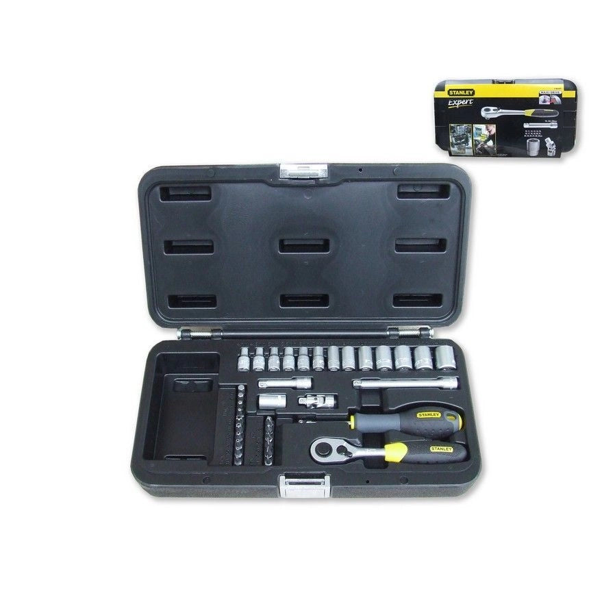 Stanley 1-94-672 Set Chiavi a Bussola 1-4'' 35 pezzi con Cricchetto Prolunghe e Snodo in Valigetta