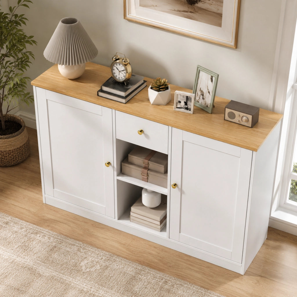 Credenza 120x35x75.2 cm con cassetto; 2 ante e 2 ripiani aperti bianca