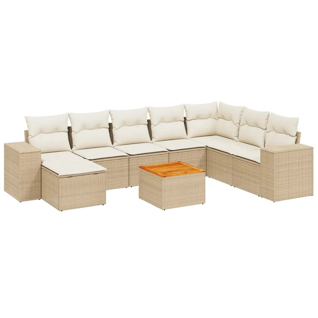 Set Divano da Giardino 9 pz con Cuscini Beige in Polyrattan