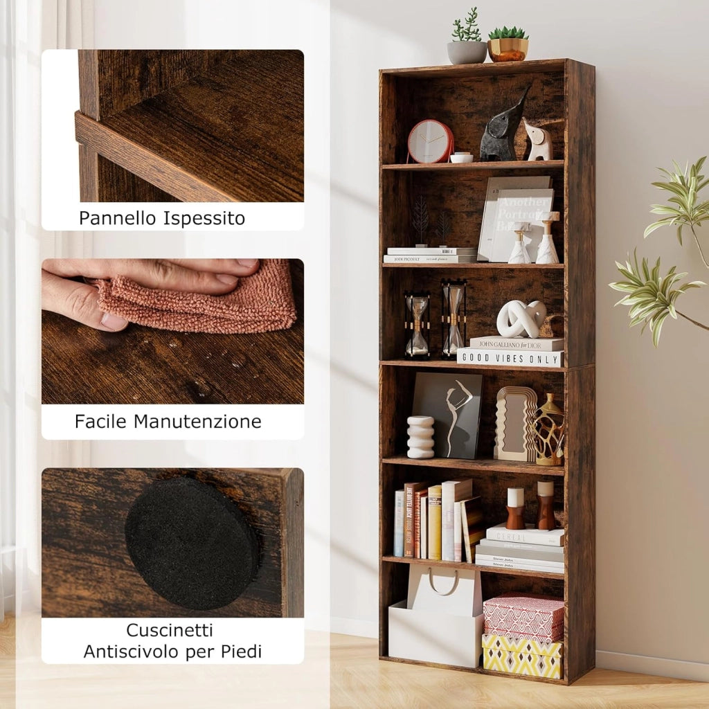 Libreria a 6 Ripiani, Organizzatore per Libri da Terra con 2 Kit Antiribaltamento, Scaffale Moderno per Esposizione per Soggiorno Camera Studio, 60 x 23,5 x 178 cm (Marrone)