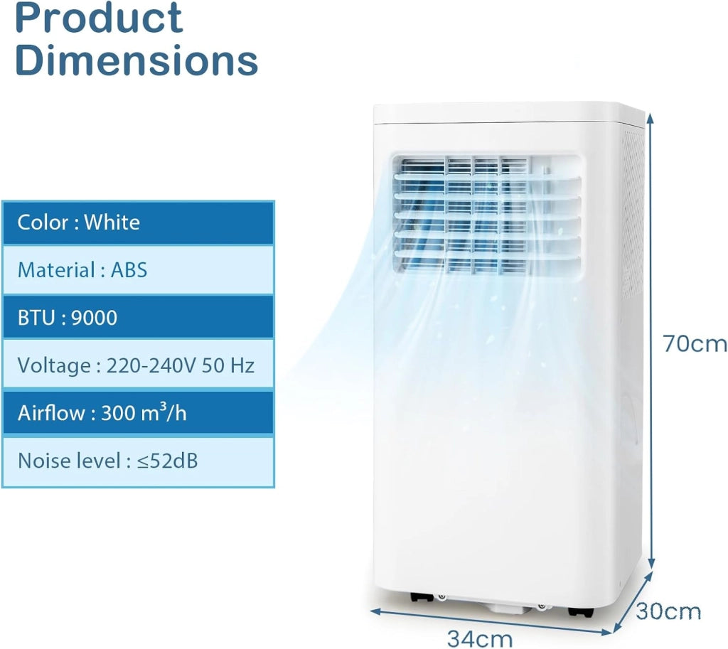 Condizionatore Portatile 9000 BTU, 960W, 4 Modalità - Ventilazione & Deumidificazione & Raffreddamento & Sonno, Controllo con Display a LED e Telecomando, Timer 24 Ore