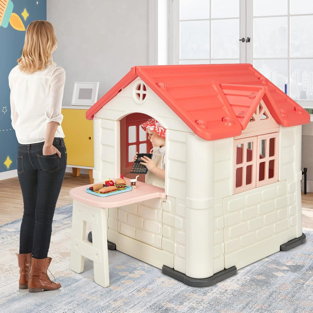 Casetta per Bambini con Porte e Finestre, Casetta Giocattolo con Tavolo, Set Giocattolo con 7 Pezzi, Ideale per Bambini 3-8 Anni, 164x124x132 cm (Rosa)