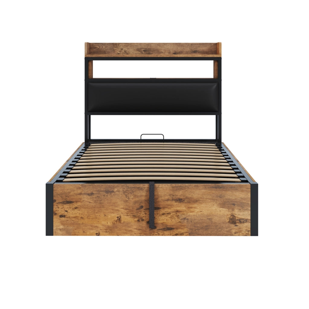 Letto contenitore 90x200 con sollevamento idraulico, USB e testiera imbottita