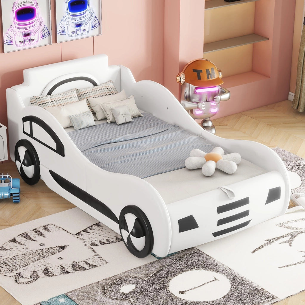 Letto per bambini a forma di auto 90 x 200 cm con rete a doghe e vano contenitore; bianco