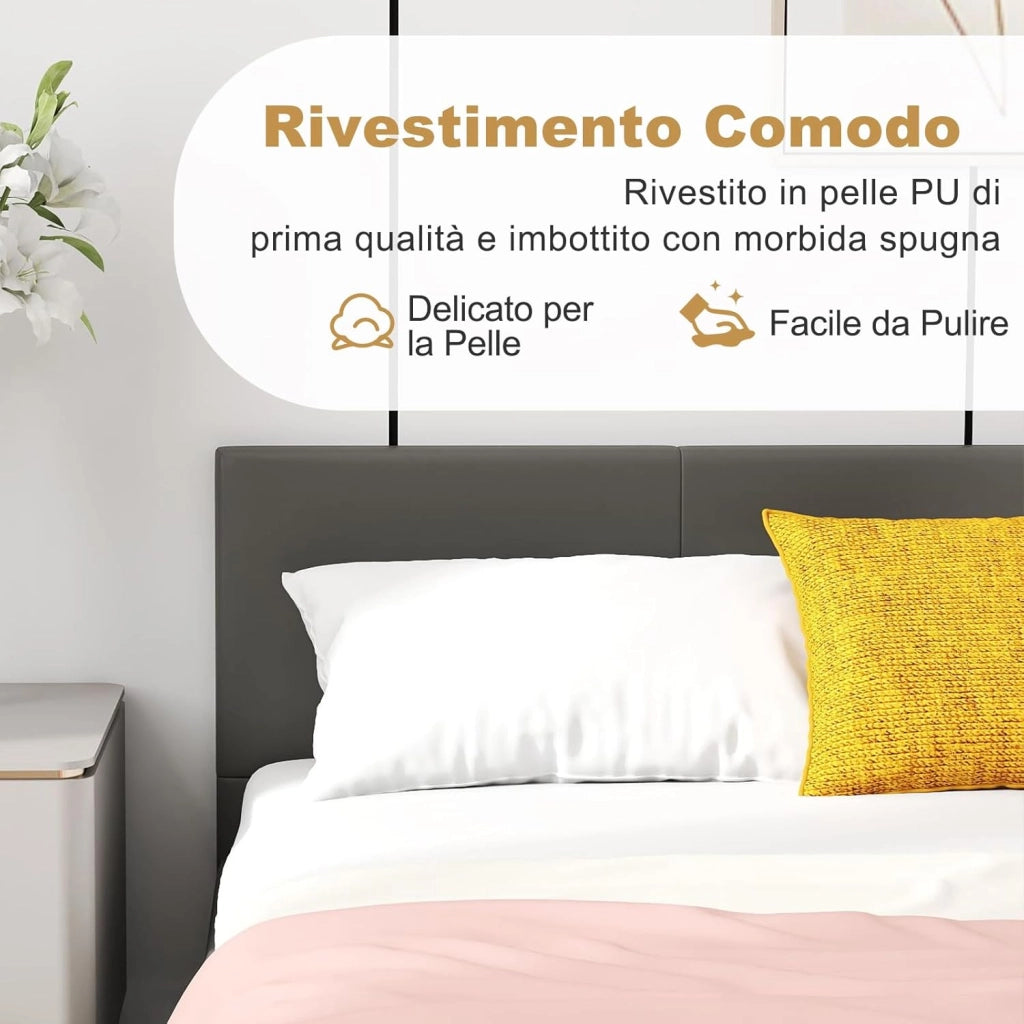 Letto Matrimoniale in Legno, Struttura per Letto Con Testiera Imbottita Luce LED Multicolore e Telecomando, Carico 200 kg, Silenzioso (Grigio)