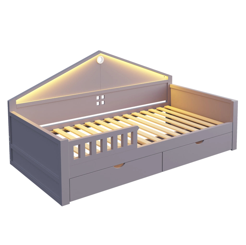 Letto singolo multifunzione 90x200 cm con LED e 2 cassetti; grigio in legno e MDF