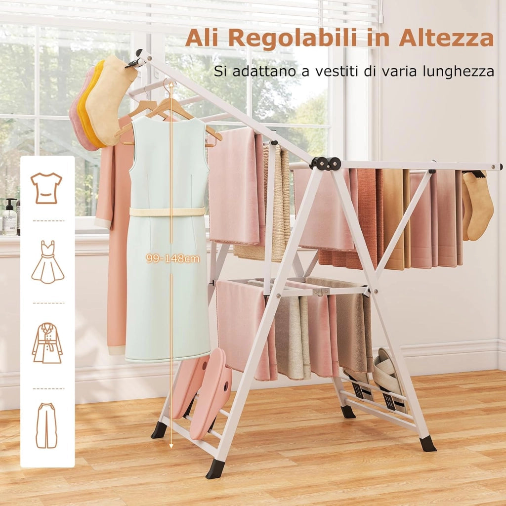 Stendibiancheria con 16 Barra, Stendino Pieghevole in Metallo con Ali Regolabili in Altezza, Clips per Calzini, Supporto per Abbigliamento Autoposante a Ali per Interno Esterno (Bianco)