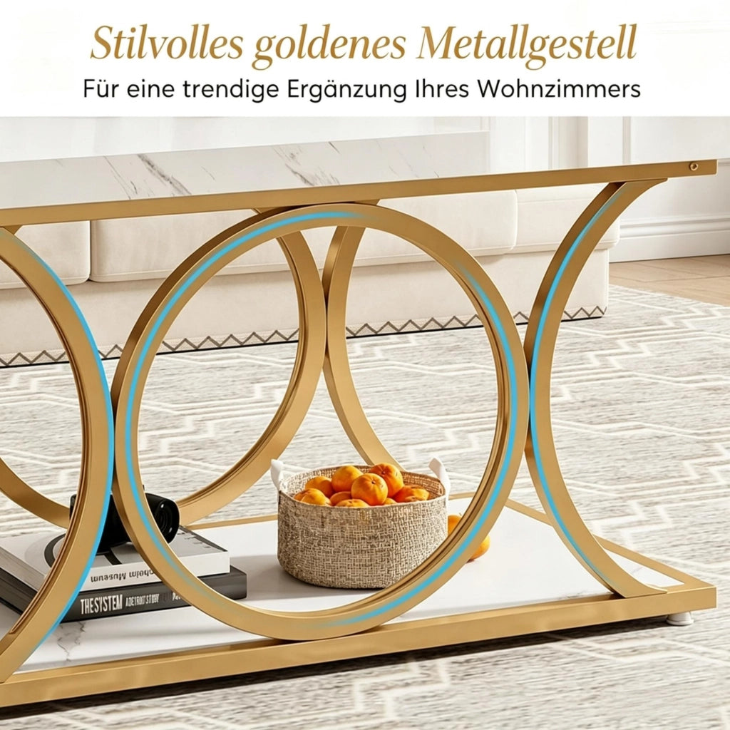 TAVOLINO da caffè 120x59,5x48 cm Marmo artificiale Bianco e Metallo Oro