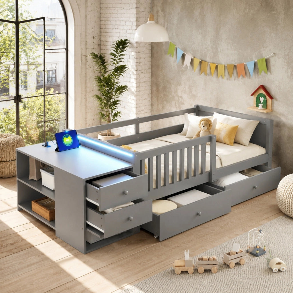 Letto a soppalco per bambini 90 x 200 cm con contenitore separato; LED e presa; grigio
