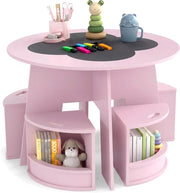 2 in 1 Set Tavolo e 4 Sedie per Bambini 3+ Anni, Set Tavolo Rotondo e Sedie con Portaoggetti, Tavolino in Legno Salvaspazio per Cameretta Ragazzi e Asilo Nido (Rosa)