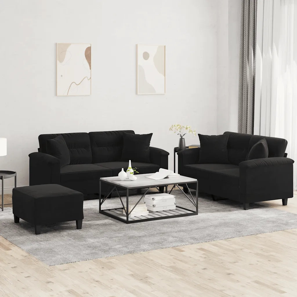 Set Divani 3 pz con Cuscini Nero in Tessuto Microfibra
