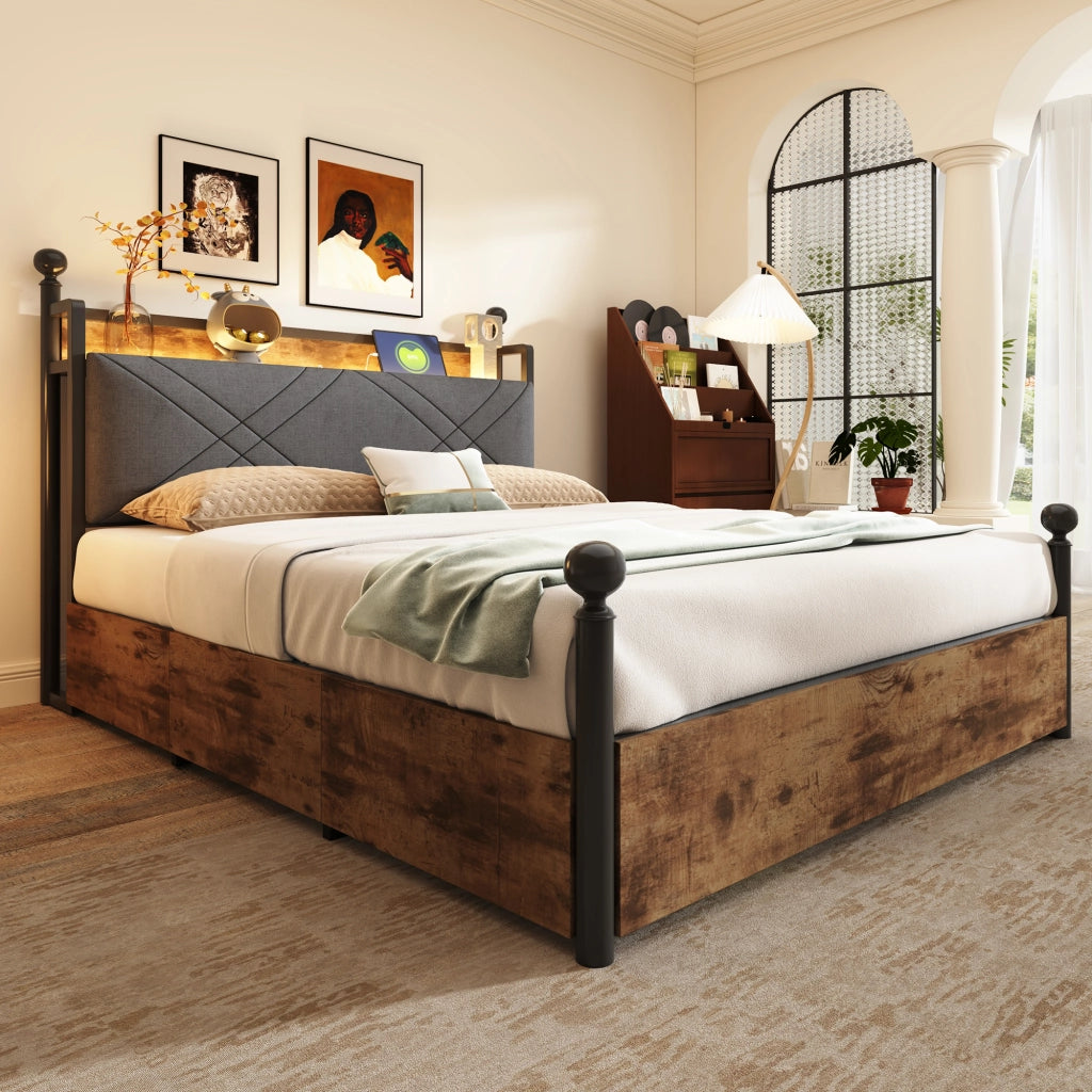 Letto Matrimoniale 140 x 190 cm; Contenitore; USB; Type-C e LED Regolabile - Nero