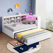 Divano letto singolo in legno con letto estraibile, USB, LED e ripiani laterali, bianco, 90 × 200 cm