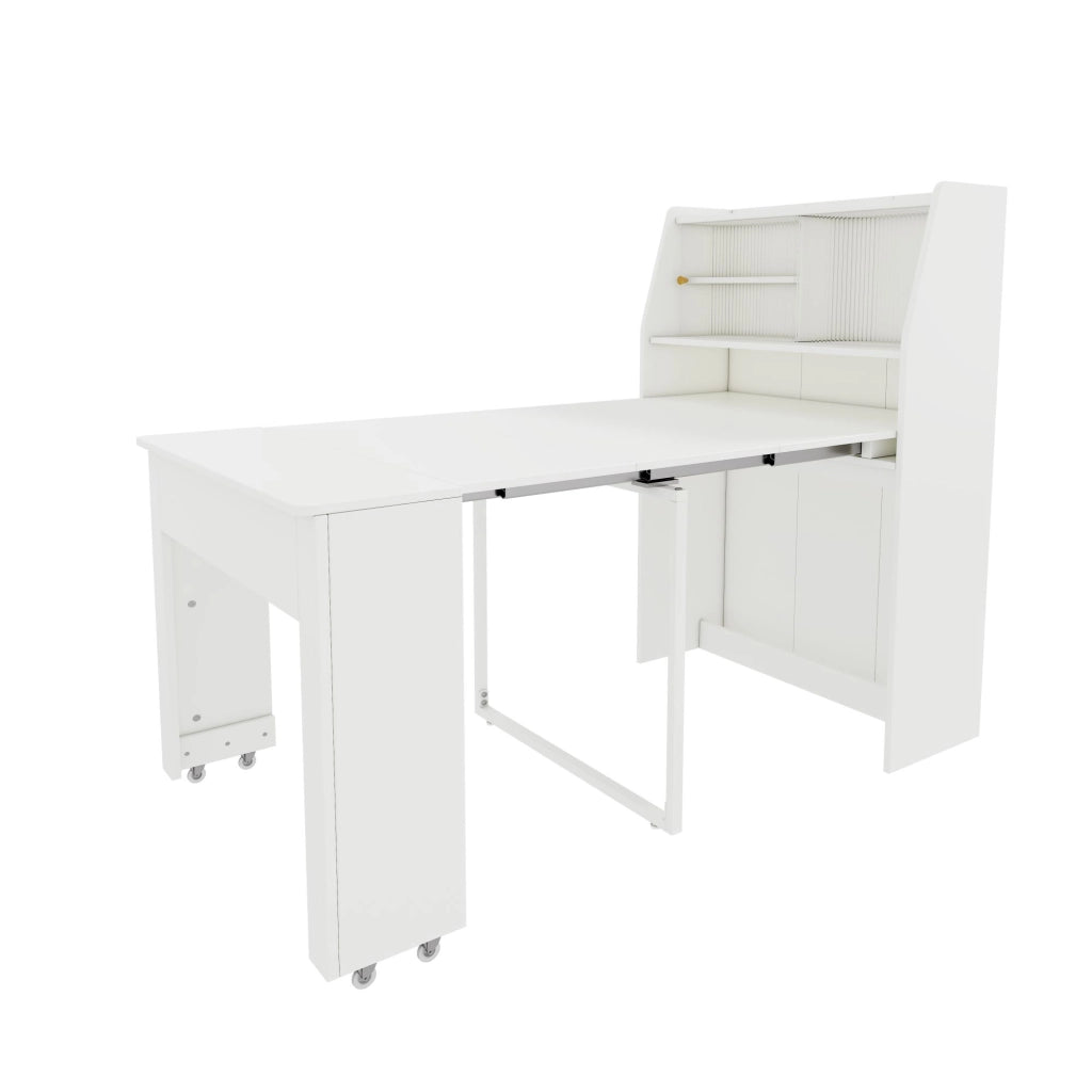 Tavolo da pranzo allungabile 52-132,5 cm con vano contenitore, bianco, in truciolare e vetro