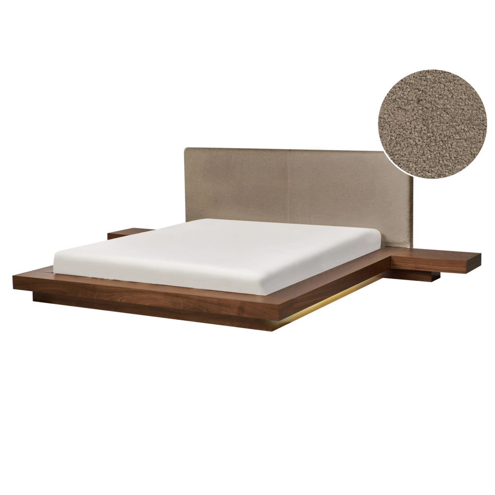 Letto matrimoniale LED con comodini e testata bouclé tortora in frassino 160 x 200 cm stile giapponese