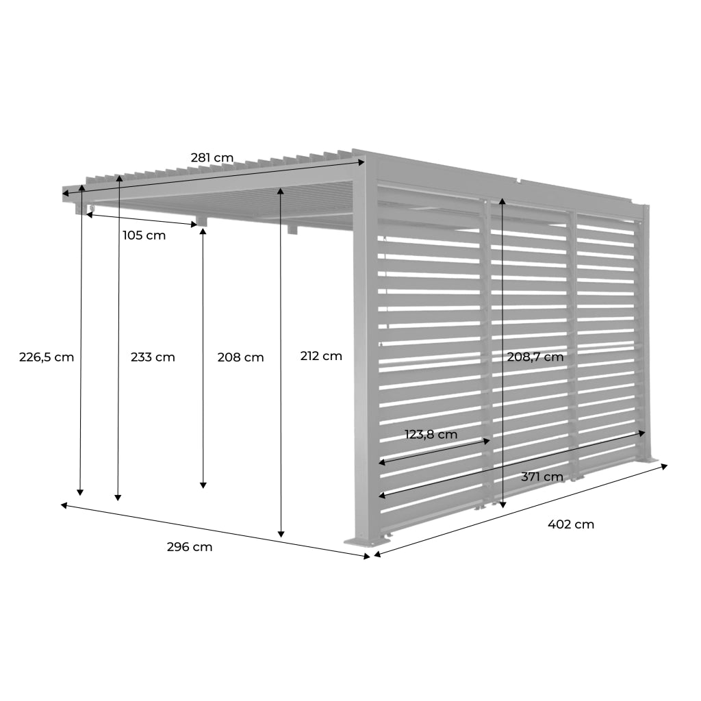 Pergola bioclimatica in alluminio addossata 4x3m + 3 persiane 130cm