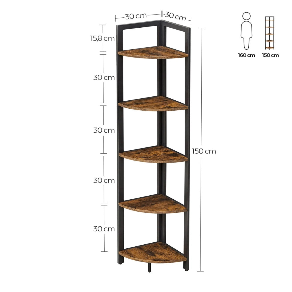 Scaffale angolare a 5 ripiani libreria angolare unità di stoccaggio multiuso porta piante per soggiorno camera da letto ufficio stile industriale marrone 12_0005616