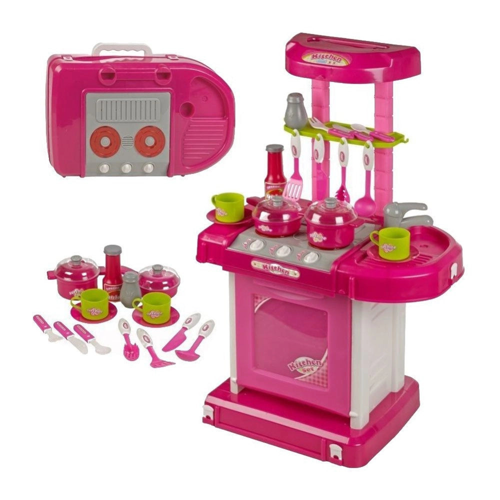 Trade Shop - Cucina Giocattolo Bambini Richiudibile In Trolley Fornello Luci Suoni Accessori Azzurro -