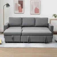Divano Letto 3 Posti e Penisola con Contenitore, Rivestimento Tessuto Effetto Lino, 211.5x146x85cm