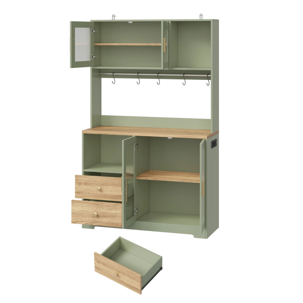 Credenza alta 110x40x178 cm con LED; prese USB; vetri temperati; MDF; verde antico